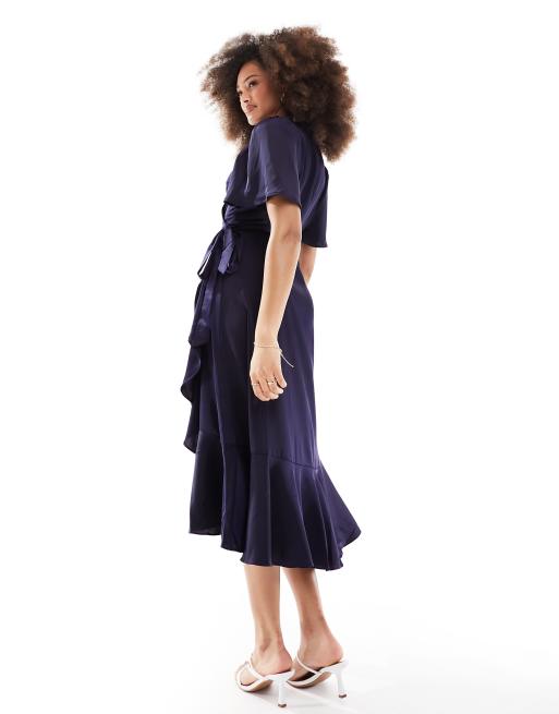 YAS - Bruidsmeisjes - Satijnen midi jurk met overslag in marineblauw, 4 van 4