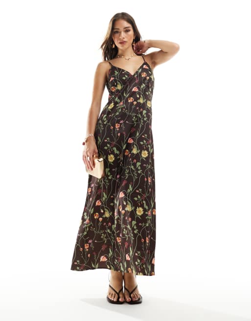 Y.A.S - Brun maxikjole med V-hals og A-form i satin med boho-blomsterprint