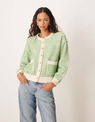 button down knitted cardigan in birch with green detail-White