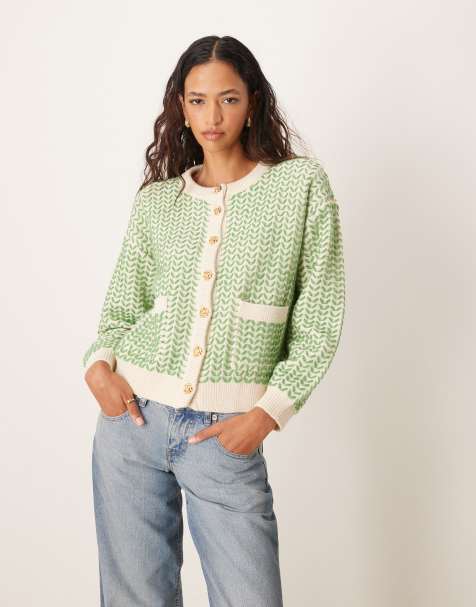 YAS button down knitted cardigan in birch with green detail - view 1