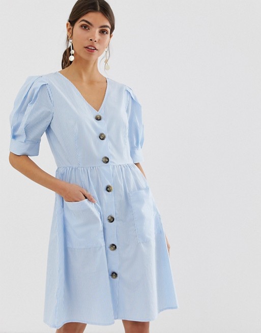 Y.A.S button down organic blend cotton smock dress with volume sleeve