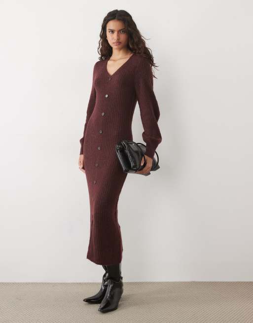 YAS button front balloon sleeve knitted maxi dress in burgundy, 2 of 4