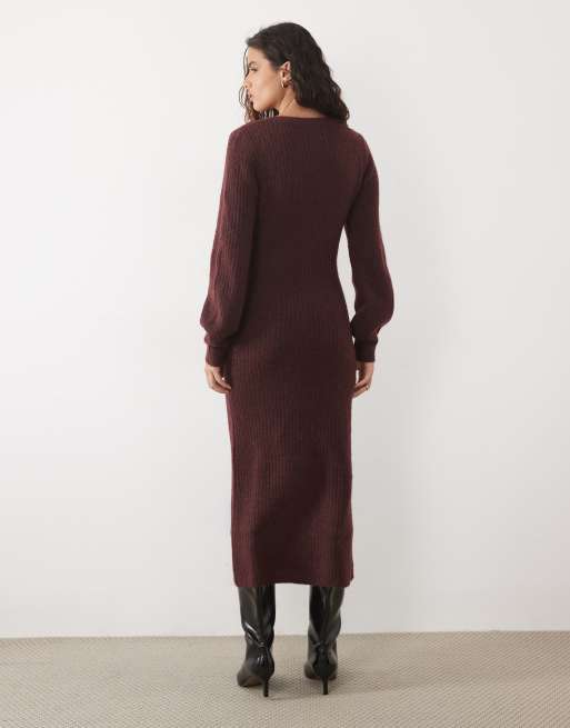 YAS button front balloon sleeve knitted maxi dress in burgundy, 4 of 4