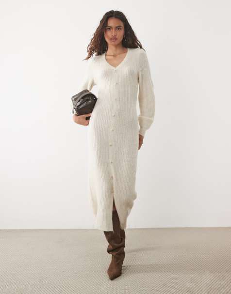 YAS button front balloon sleeve knitted maxi dress in oatmeal - view 1