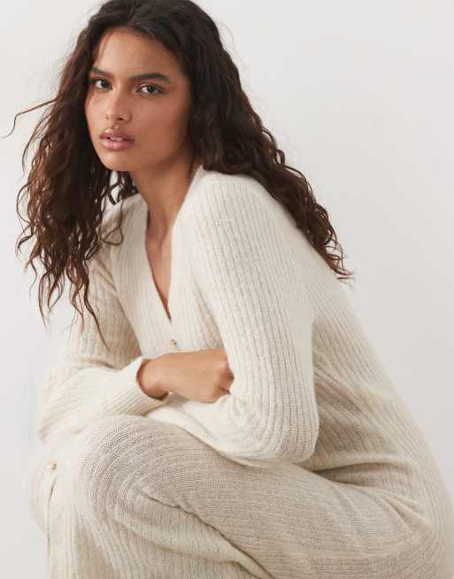 YAS button front balloon sleeve knitted maxi dress in oatmeal, 2 of 4