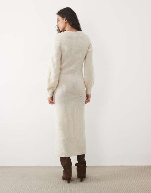 YAS button front balloon sleeve knitted maxi dress in oatmeal, 3 of 4