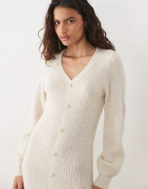YAS button front balloon sleeve knitted maxi dress in oatmeal, 4 of 4