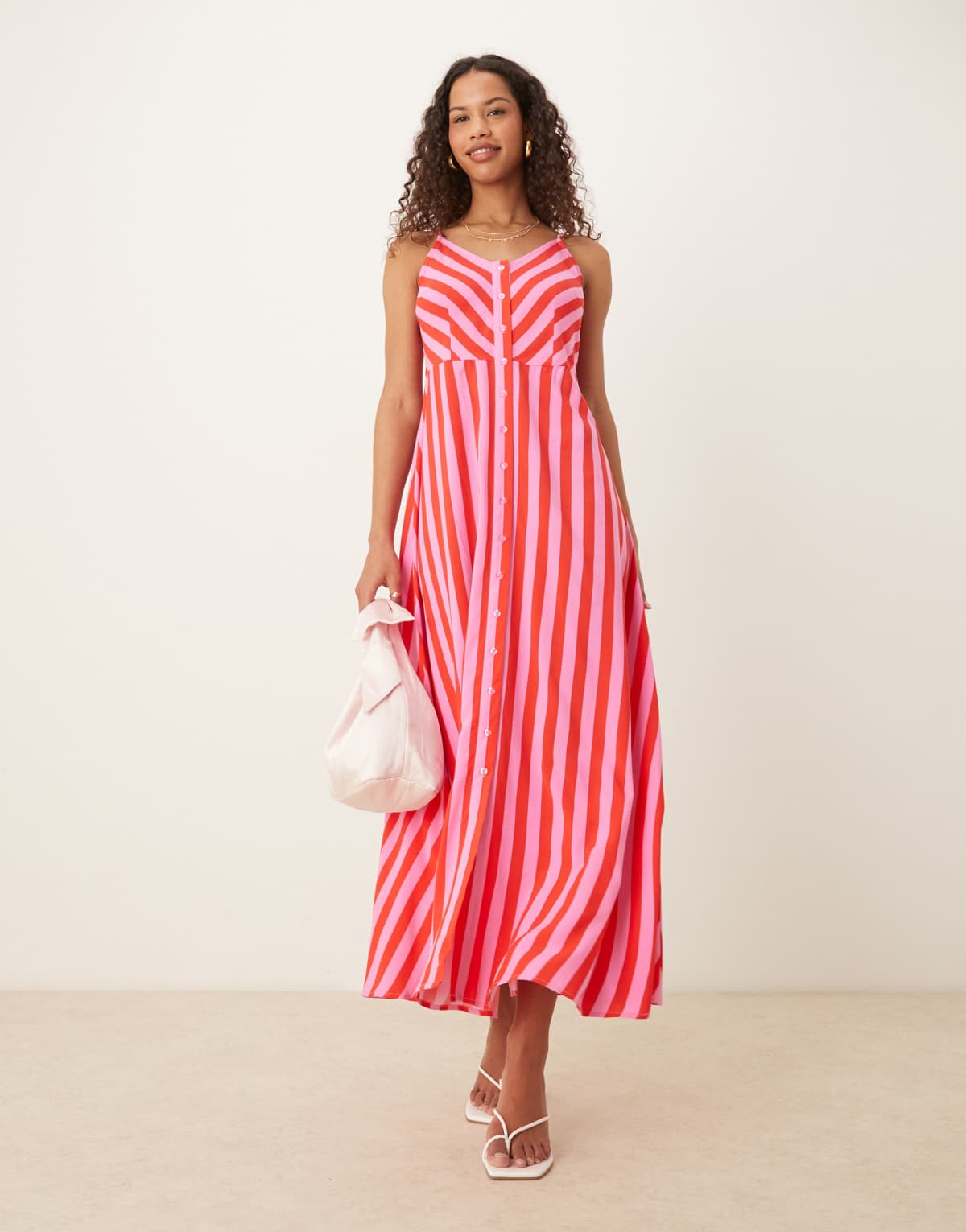 YAS button front cami maxi dress in pink and red stripe