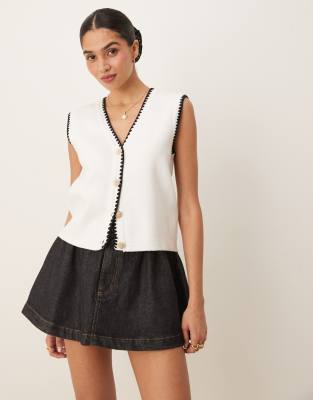 YAS button front knitted waistcoat with contrast stitch detail in white