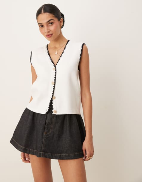 YAS button front knitted waistcoat with contrast stitch detail in white - view 1