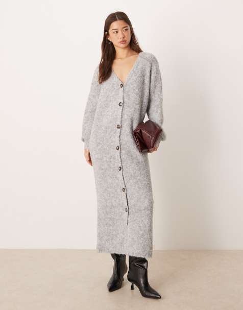 YAS button front oversized knitted maxi dress in light grey melange - view 1