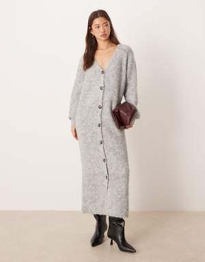 YAS button front oversized knitted maxi dress in light grey melange