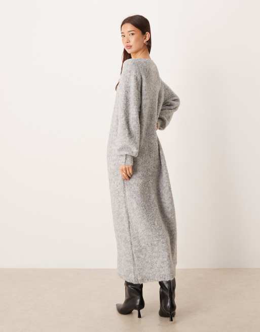 YAS button front oversized knitted maxi dress in light grey melange, 2 of 4