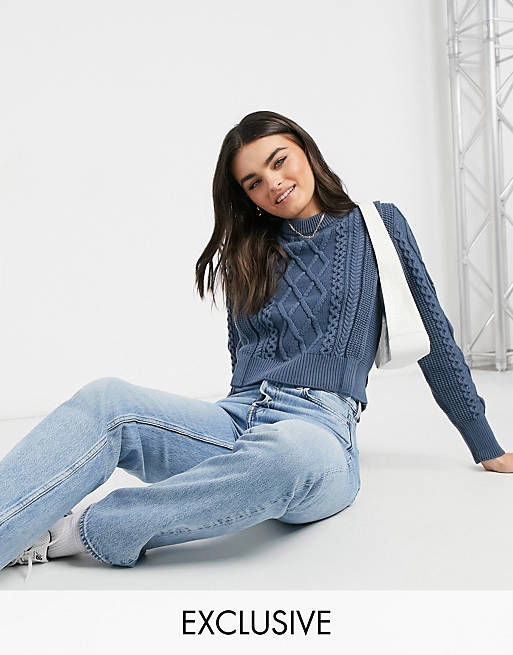 Women YAS cable knit jumper in blue 