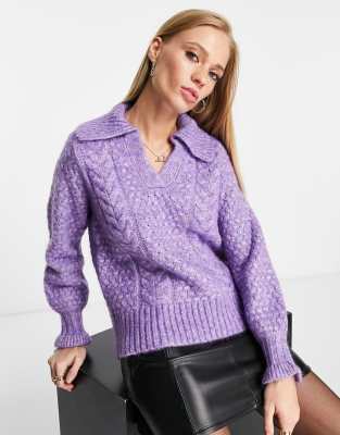 Y.A.S cable knit v neck sweater with cuff detail in lilac-Purple