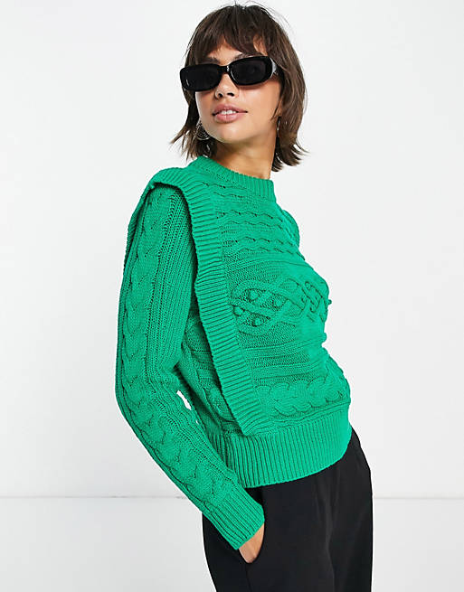 Women YAS cable shoulder detail jumper in green 