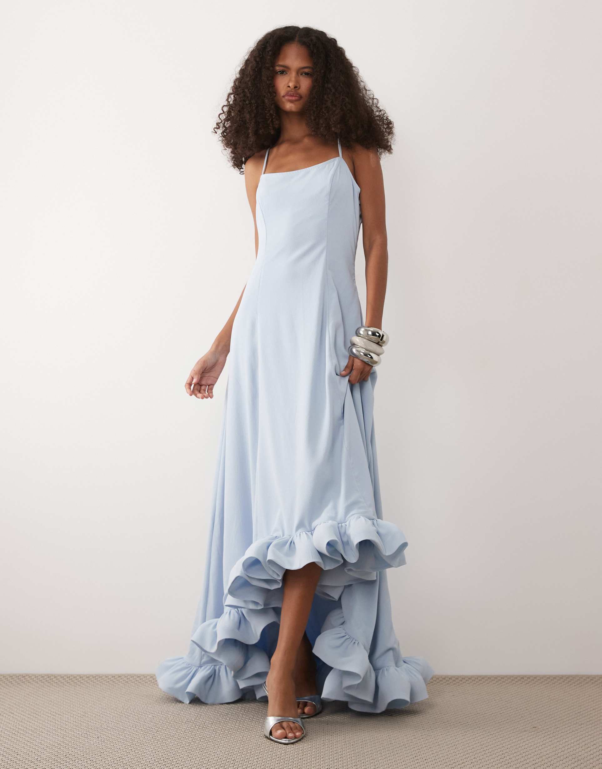 yas cami maxi dress with exaggerated bubble hem in pale blue