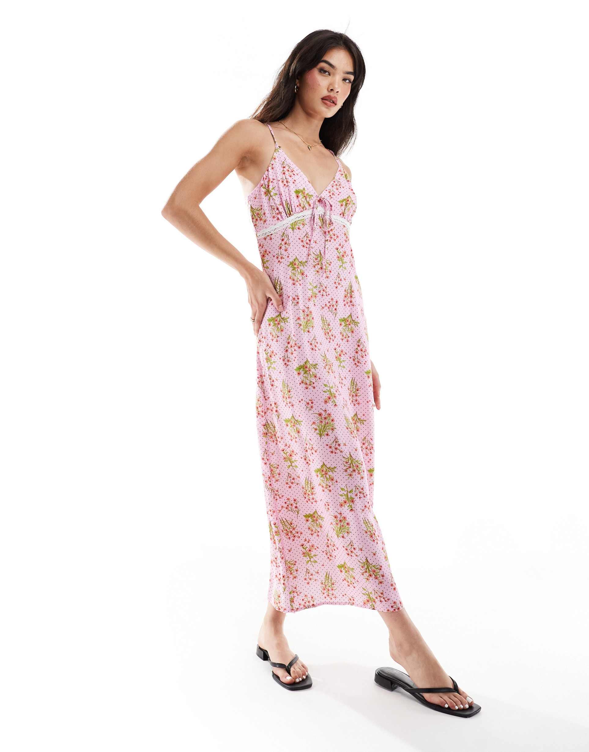 yas cami maxi dress with lace detail and bow in pink floral spot print