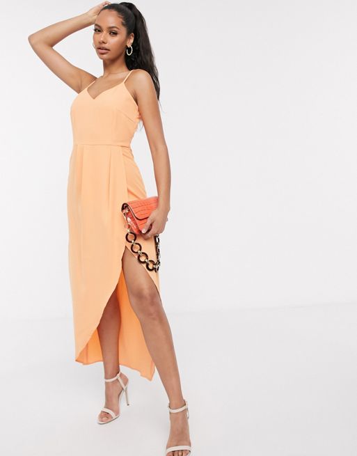 Y.A.S cami midi dress with wrap front in orange | ASOS