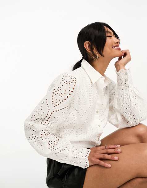 YAS - Camicia in pizzo sangallo bianca con polsini smerlati - view 1