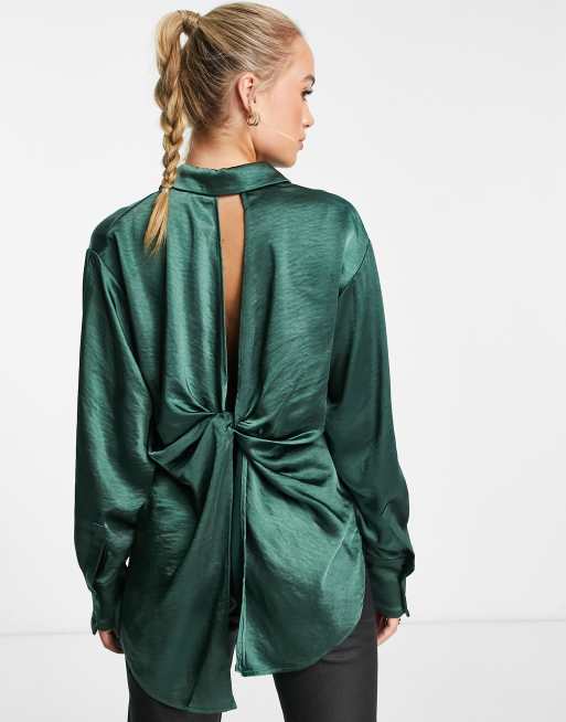 Y.A.S - Camicia in raso verde scuro con profili in coordinato