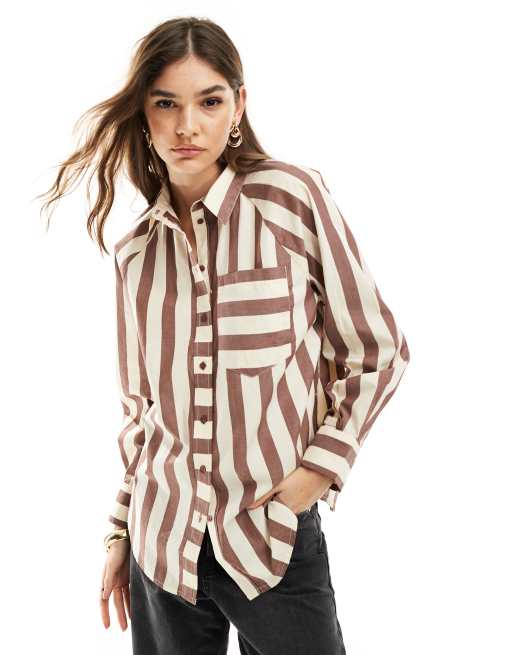 YAS - Camicia oversize color crema e marrone a righe