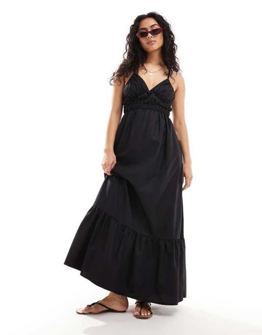 Y.A.S Camisole Maxikleid in Schwarz aus Baumwollpopeline mit uberkreuzten Tragern am Rucken