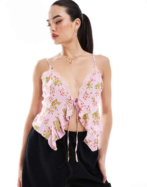 YAS - Canottiera rosa con stampa a fiori e a pois con volant e allacciatura frontale