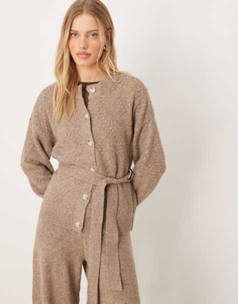 YAS - Cardigan allacciato in vita in maglia a trecce marrone chiaro in coordinato - view 1