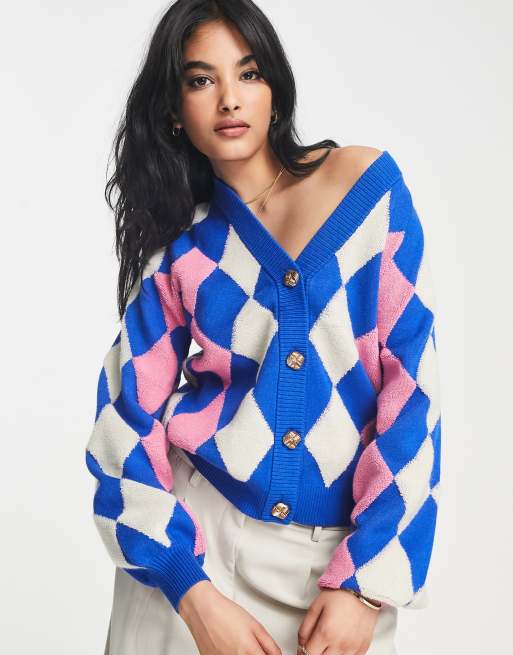 Y.A.S - Cardigan blu e rosa a losanghe con bottoni