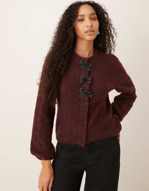 YAS - Cardigan morbidissimo bordeaux in misto lana con fiocchi - view 1