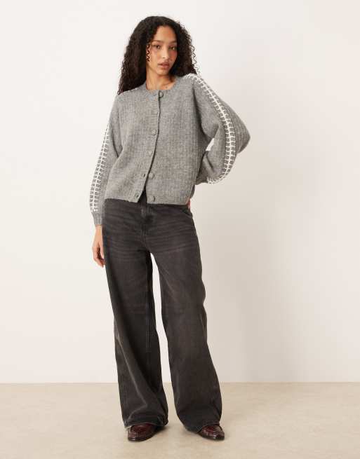 YAS - Cardigan morbido grigio medio mélange con cuciture a contrasto, 2 di 4