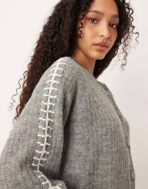 YAS - Cardigan morbido grigio medio mélange con cuciture a contrasto, 3 di 4