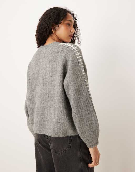 YAS - Cardigan morbido grigio medio mélange con cuciture a contrasto, 4 di 4
