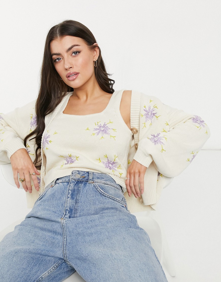 Y.a.s. Cardigan Twinset With Lilac Floral Embroidery In Cream-white