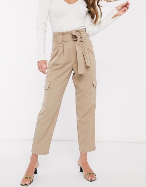 Y.A.S cargo trousers with paperbag waist in beige