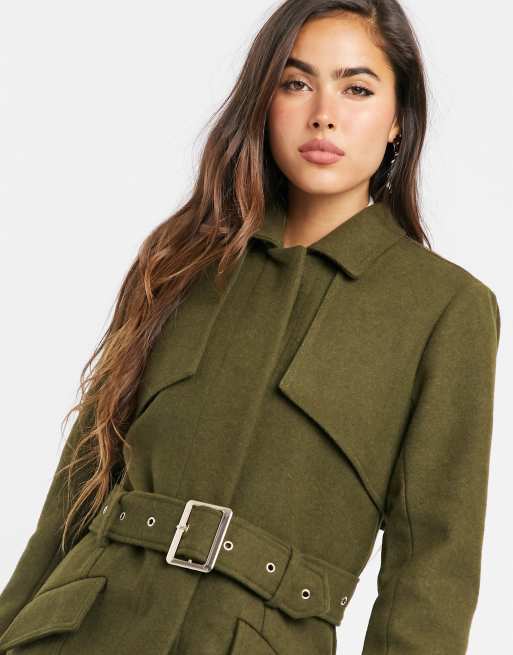 Y.A.S. Carla wool trench coat in khaki, 3 of 4