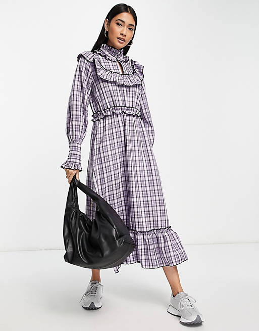 Y.A.S check dress with collar detail and frill hem in purple