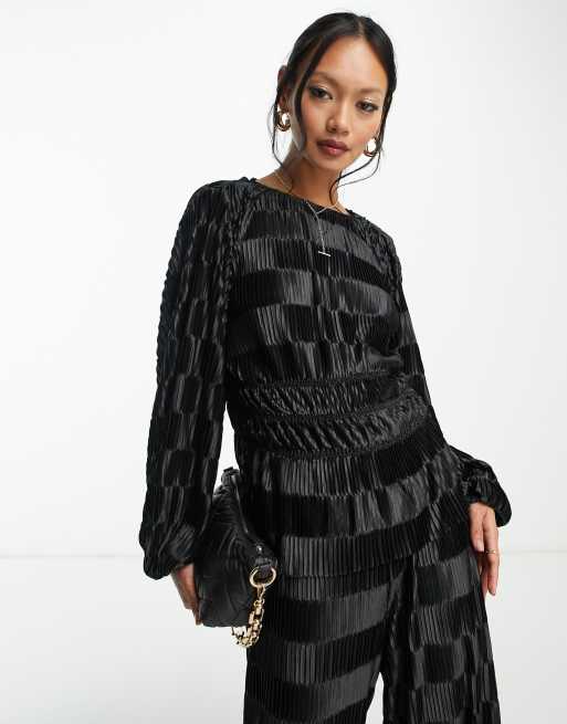 Y.A.S checkerboard plisse top co-ord in black