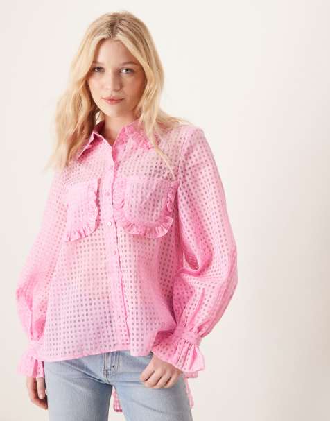YAS - Chemise transparente à bords volantés - Rose clair à carreaux - view 1