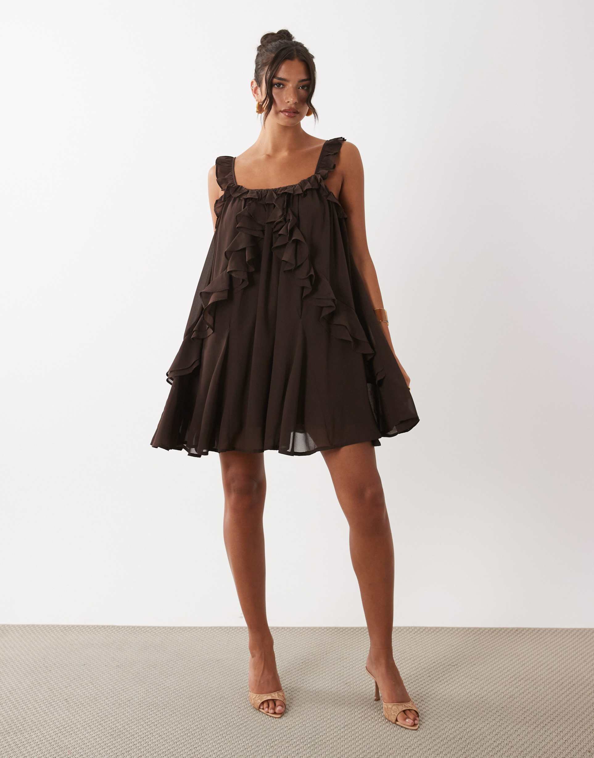 yas chiffon ruffle trim cami mini dress in chocolate