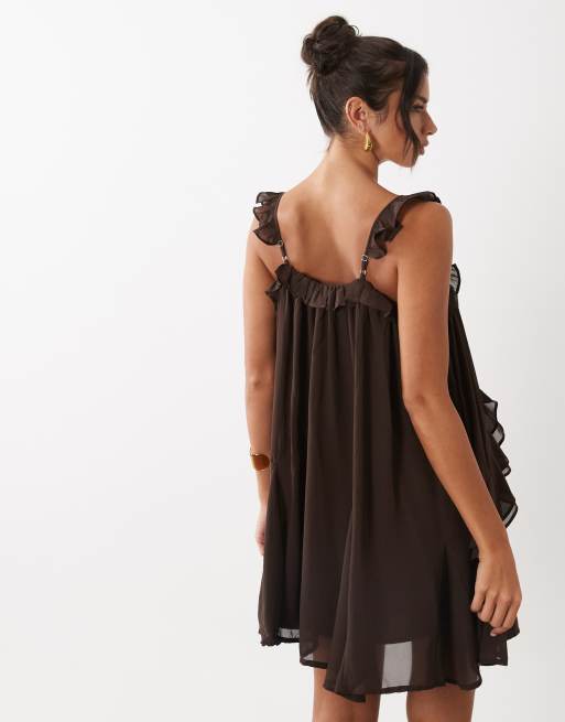 YAS chiffon ruffle trim cami mini dress in chocolate, 2 of 4