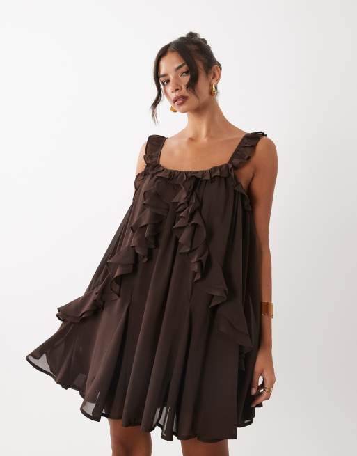 YAS chiffon ruffle trim cami mini dress in chocolate, 4 of 4