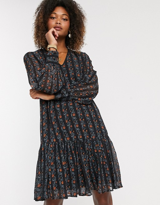 Y.A.S chiffon smock dress with drop hem in mixed floral and stripe