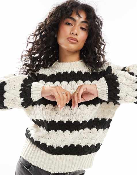YAS chunky knitted jumper in bold mono stripe - view 1
