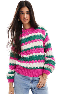 YAS YAS chunky knitted jumper in bold pink stripe - PINK