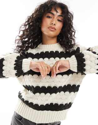 chunky knitted sweater in bold mono stripe-Black