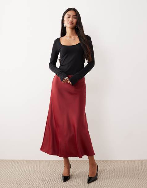 YAS satin midi skirt in deep red 