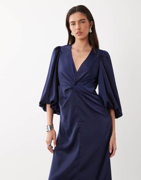 YAS knot front volume sleeve satin midi dress in dark navy