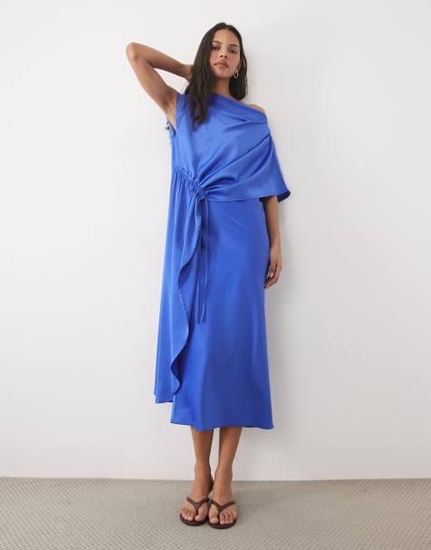 YAS cinched waist draping satin maxi dress in colbalt blue